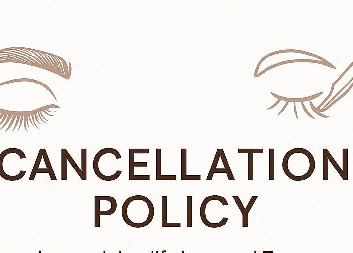 Illustration of brows and makeup tools highlighting DC Beauty's cancellation policy. Visit in-naxxar, MT.