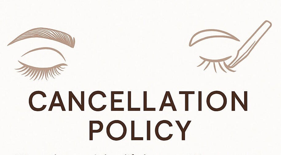 Illustration of brows and makeup tools highlighting DC Beauty's cancellation policy. Visit in-naxxar, MT.