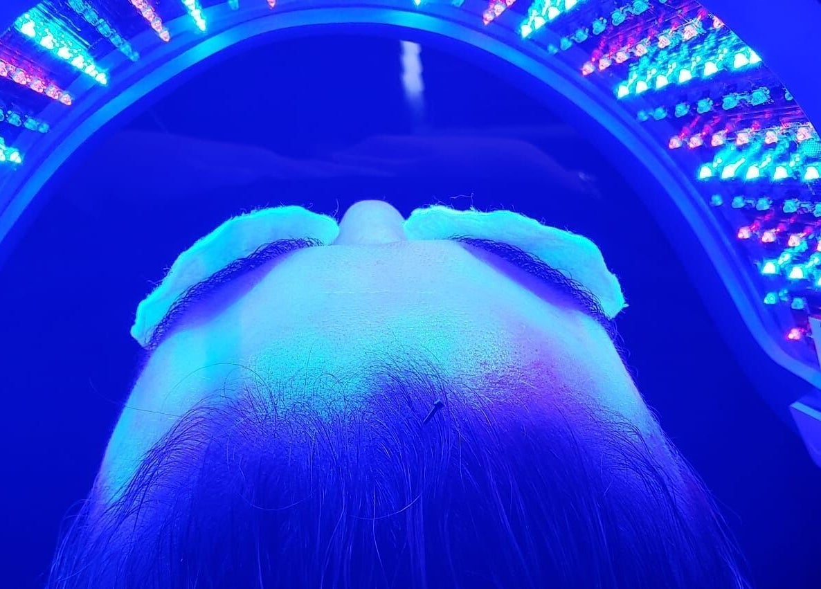 Blue light facial therapy session at Hammersmith W6 8HS, London, England, GB, enhancing skin health.