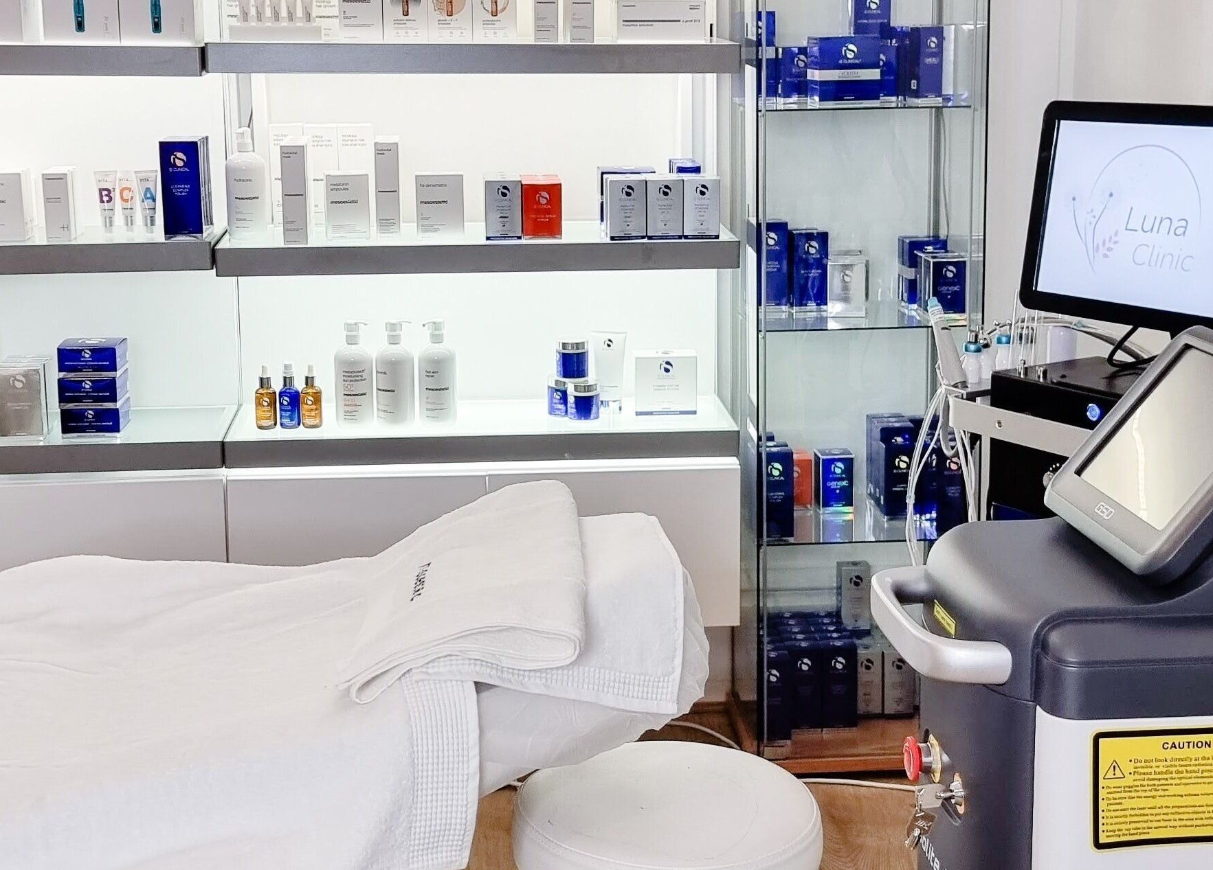 Dermacy Clinic treatment room with skincare products in Doncaster, England, GB.