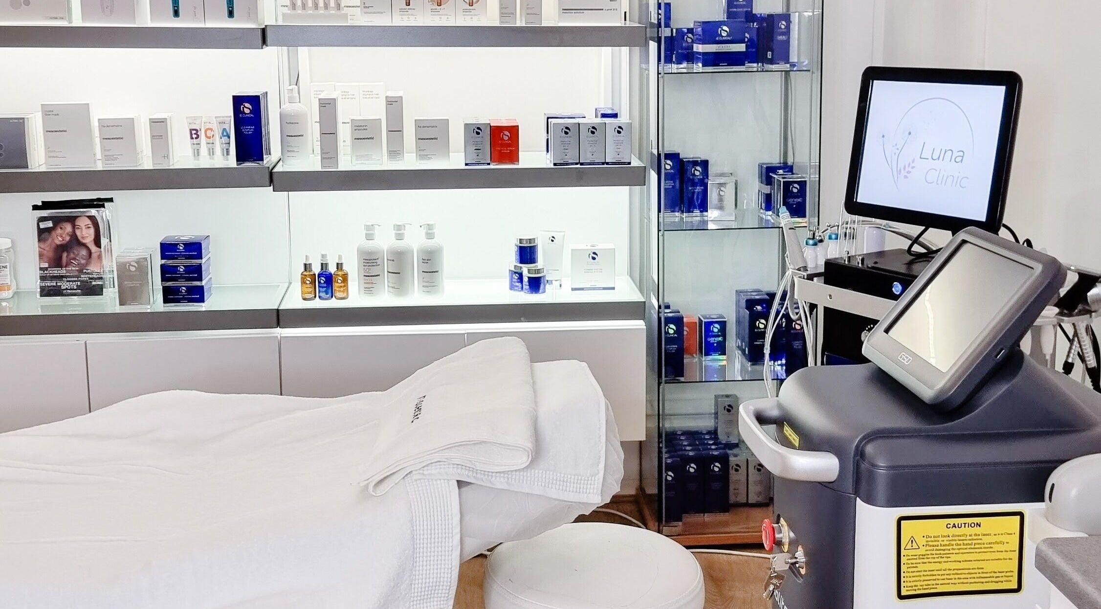 Dermacy Clinic treatment room with skincare products in Doncaster, England, GB.