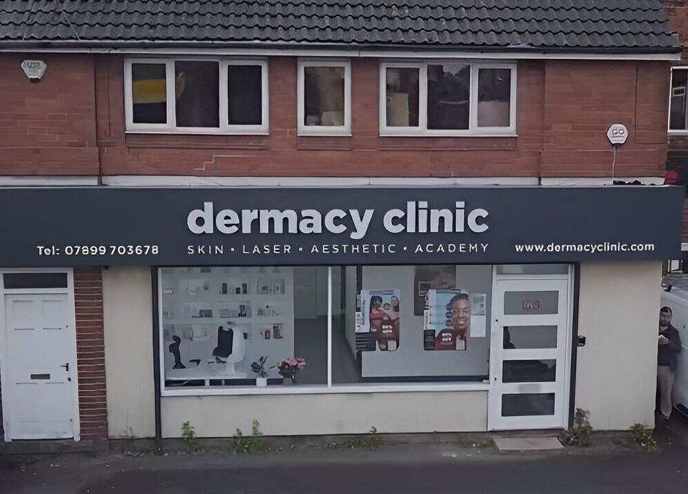 Dermacy Clinic exterior in Doncaster, England featuring modern signage.