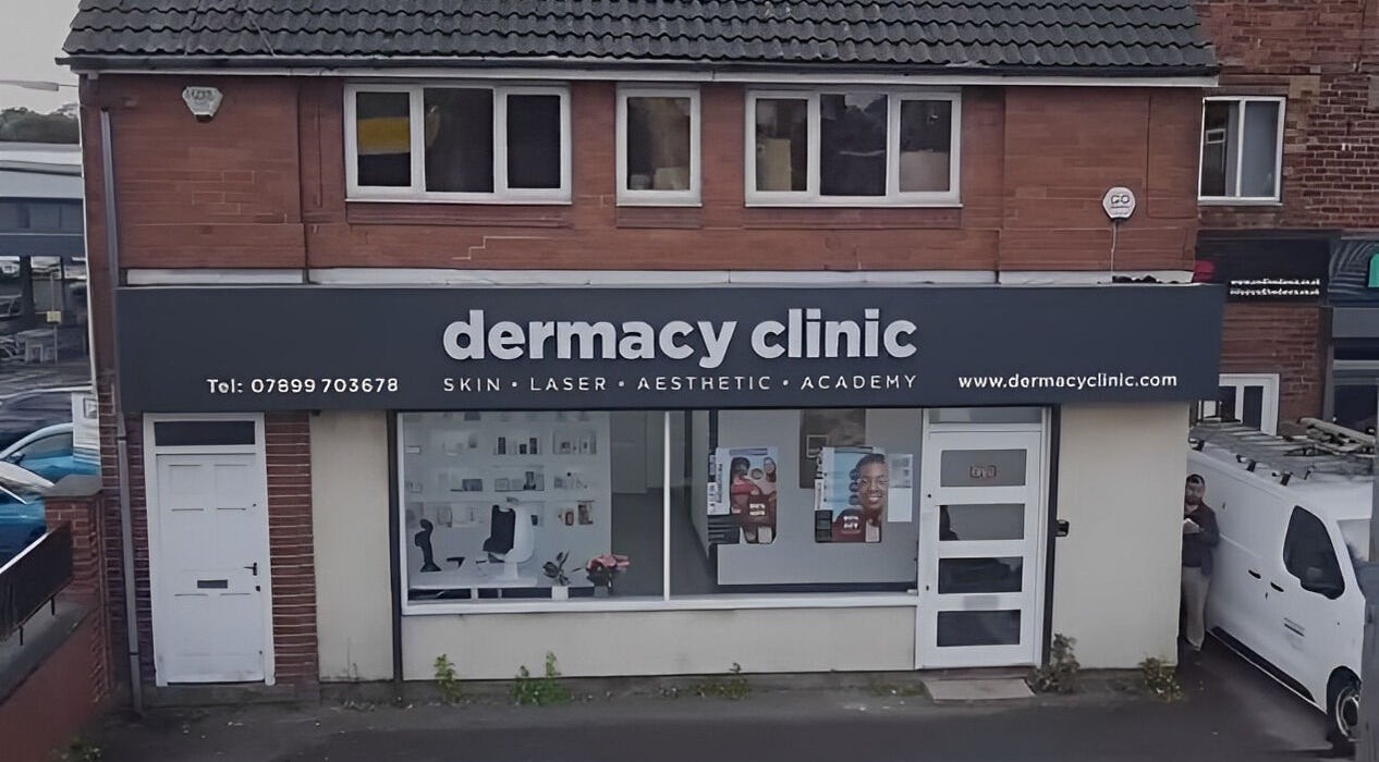 Dermacy Clinic exterior in Doncaster, England featuring modern signage.