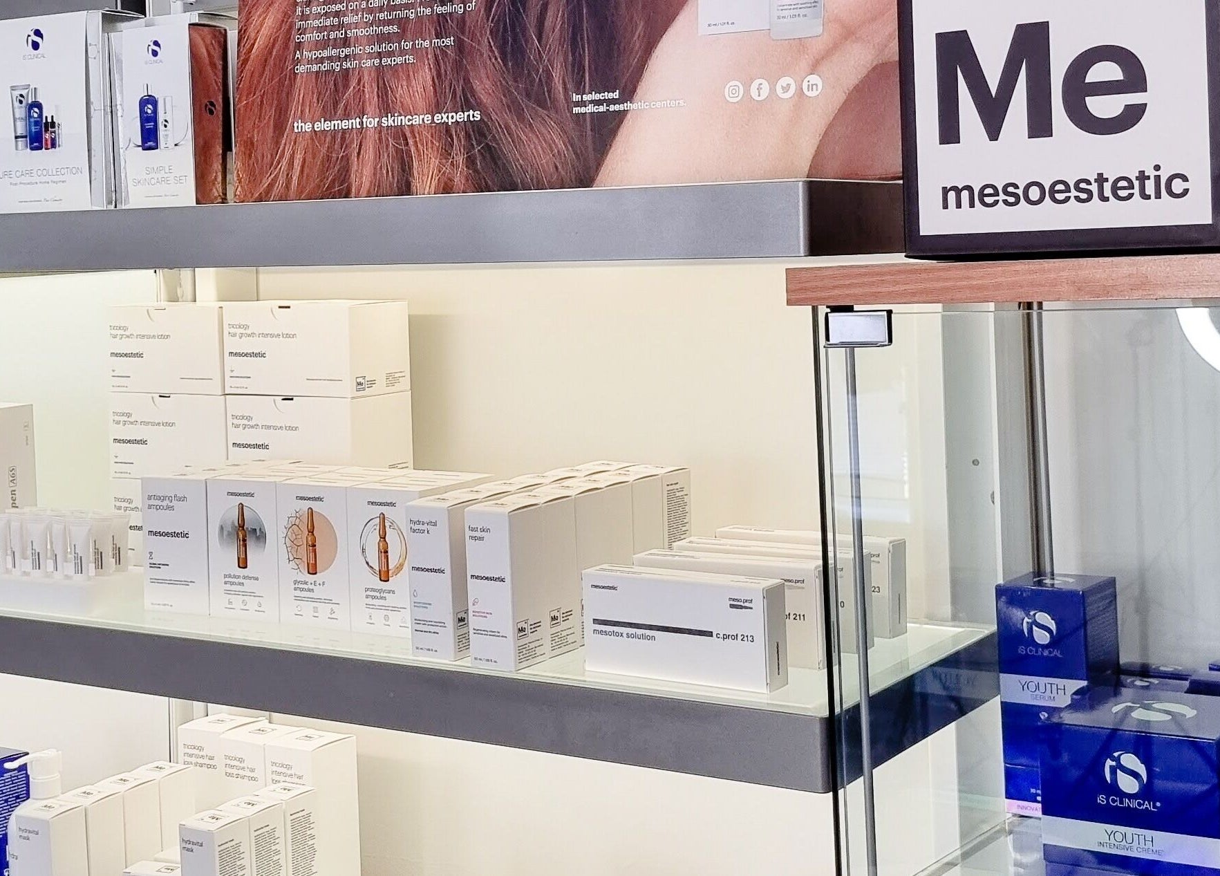 Dermacy Clinic's skincare products displayed on a shelf in Doncaster, England, GB. A mix of elite brands.