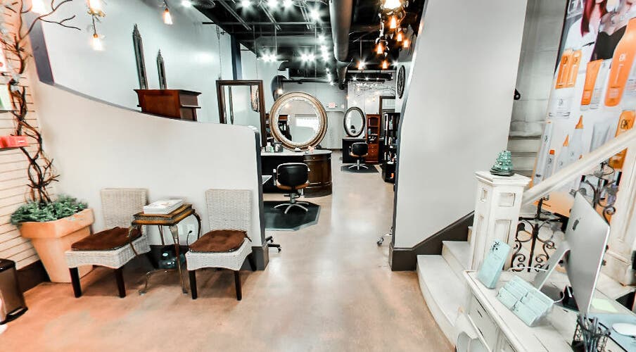 Modern salon interior at Town Center Salon in Watkinsville, Georgia, US, with elegant decor and styling stations.