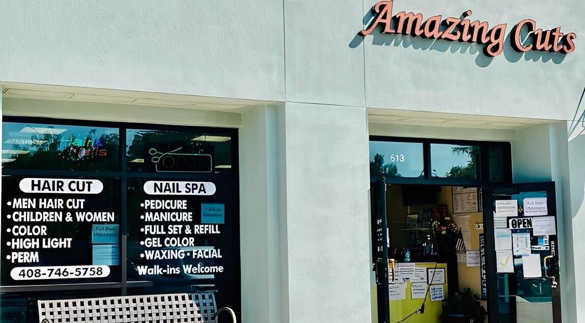 Entrance of Amazing Cuts in Sunnyvale, California, US, showcasing salon services and welcoming decor.