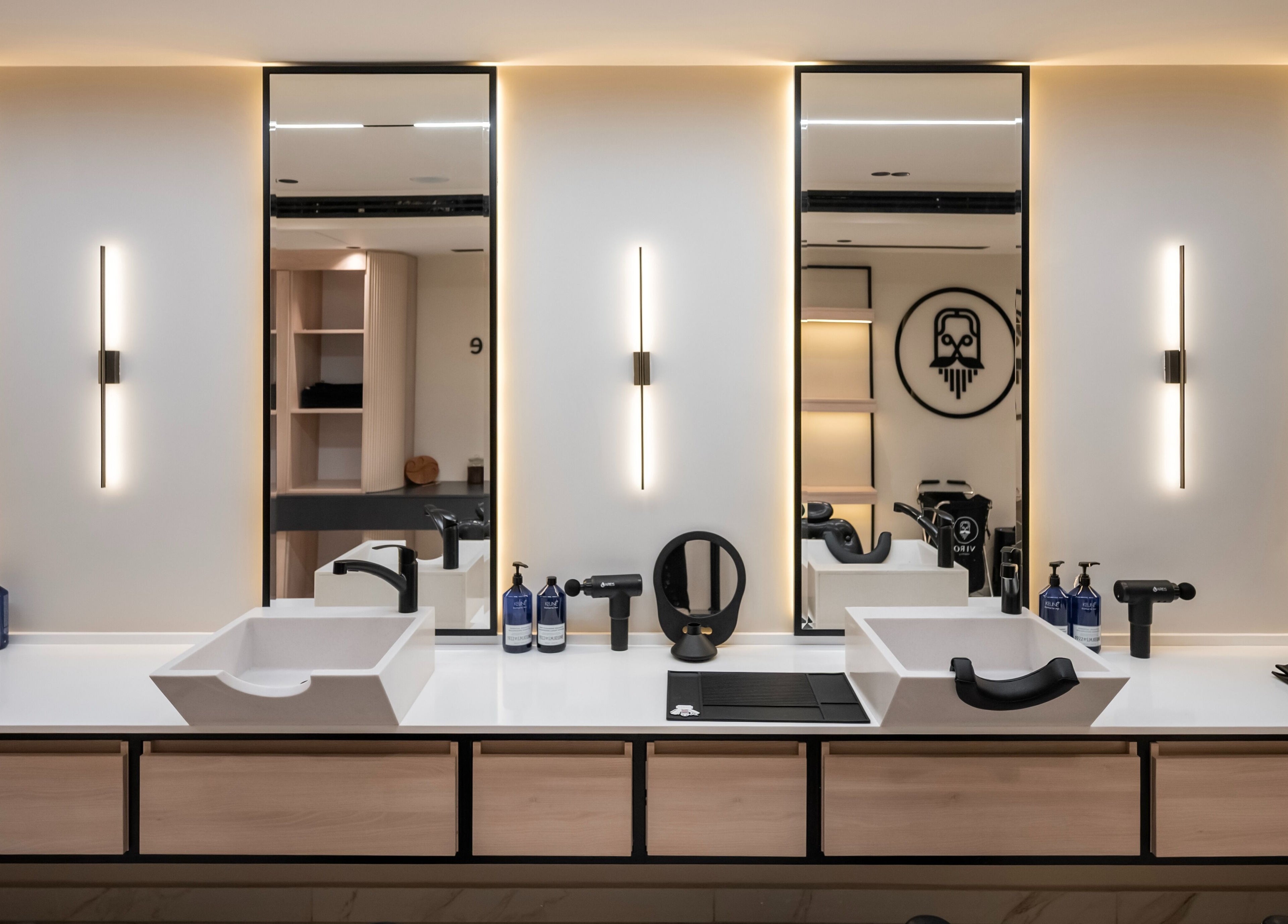 VIRO Barbershop Dabouq interior showcases sleek design in Amman, Amman Governorate, JO with modern styling stations.