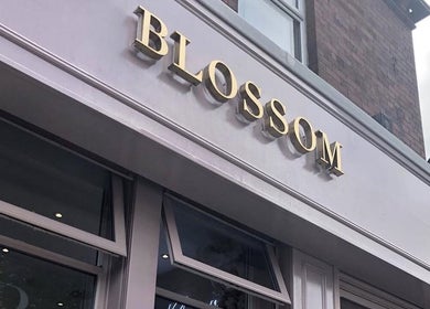 Elegant Blossom signage at Samantha’s Skin Clinic, Failsworth, England, GB.