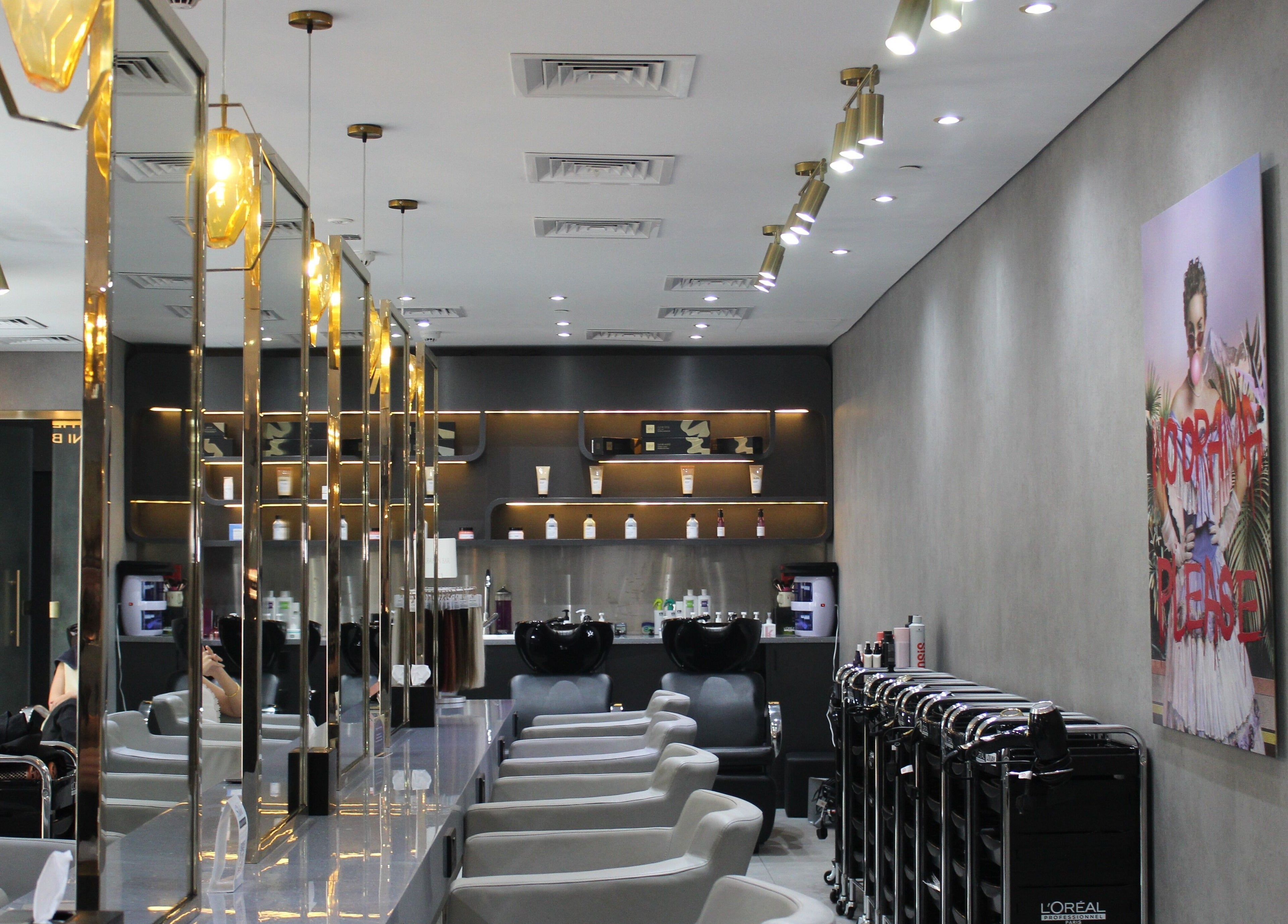 Modern interior of The Salon Luxe at Five JBR in Dubai, Dubai, AE, featuring styling stations and luxe decor.