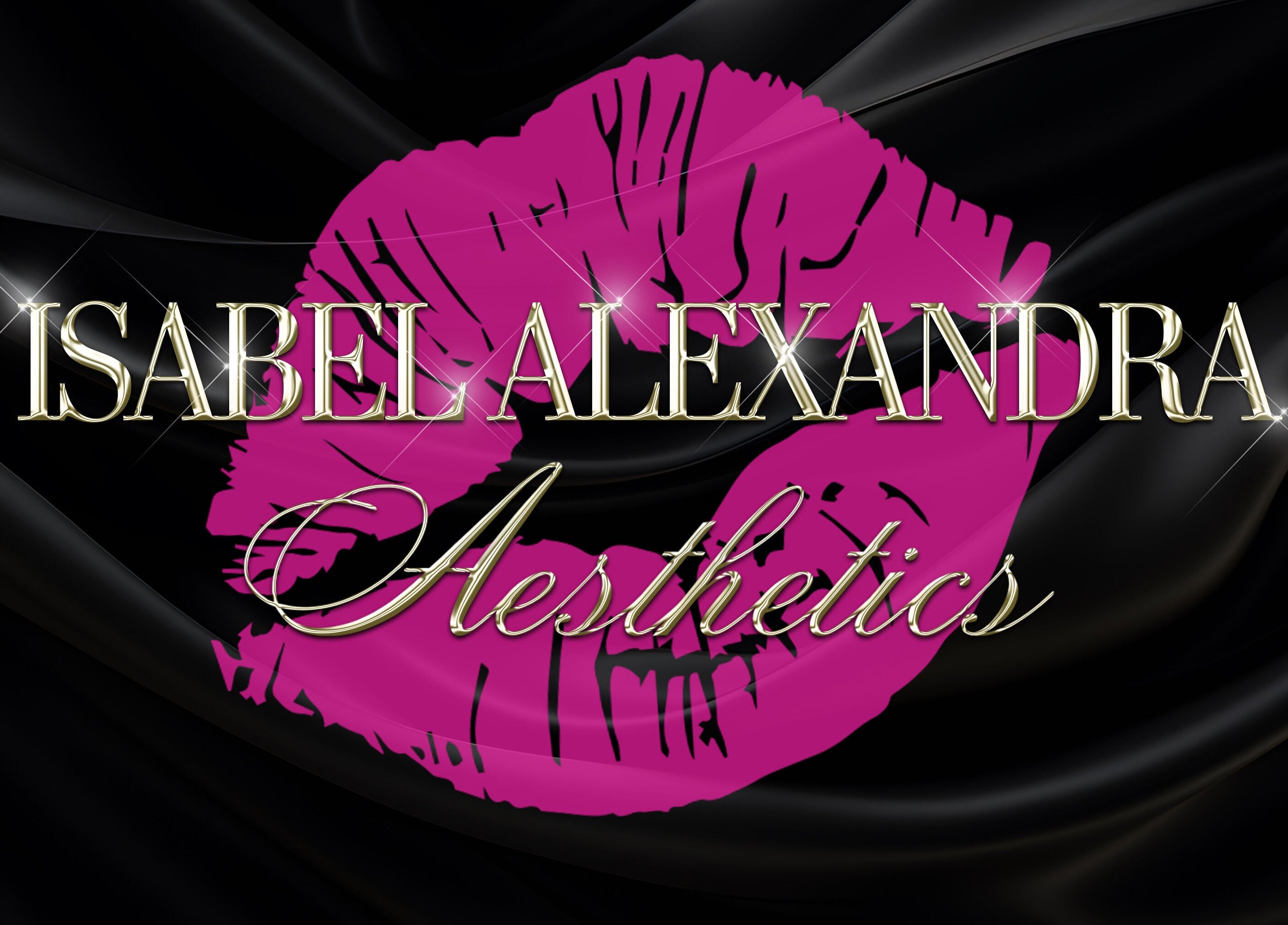 Logo of Isabel Alexandra Aesthetics featuring pink lips, located in Loughborough, England, GB on a black background.