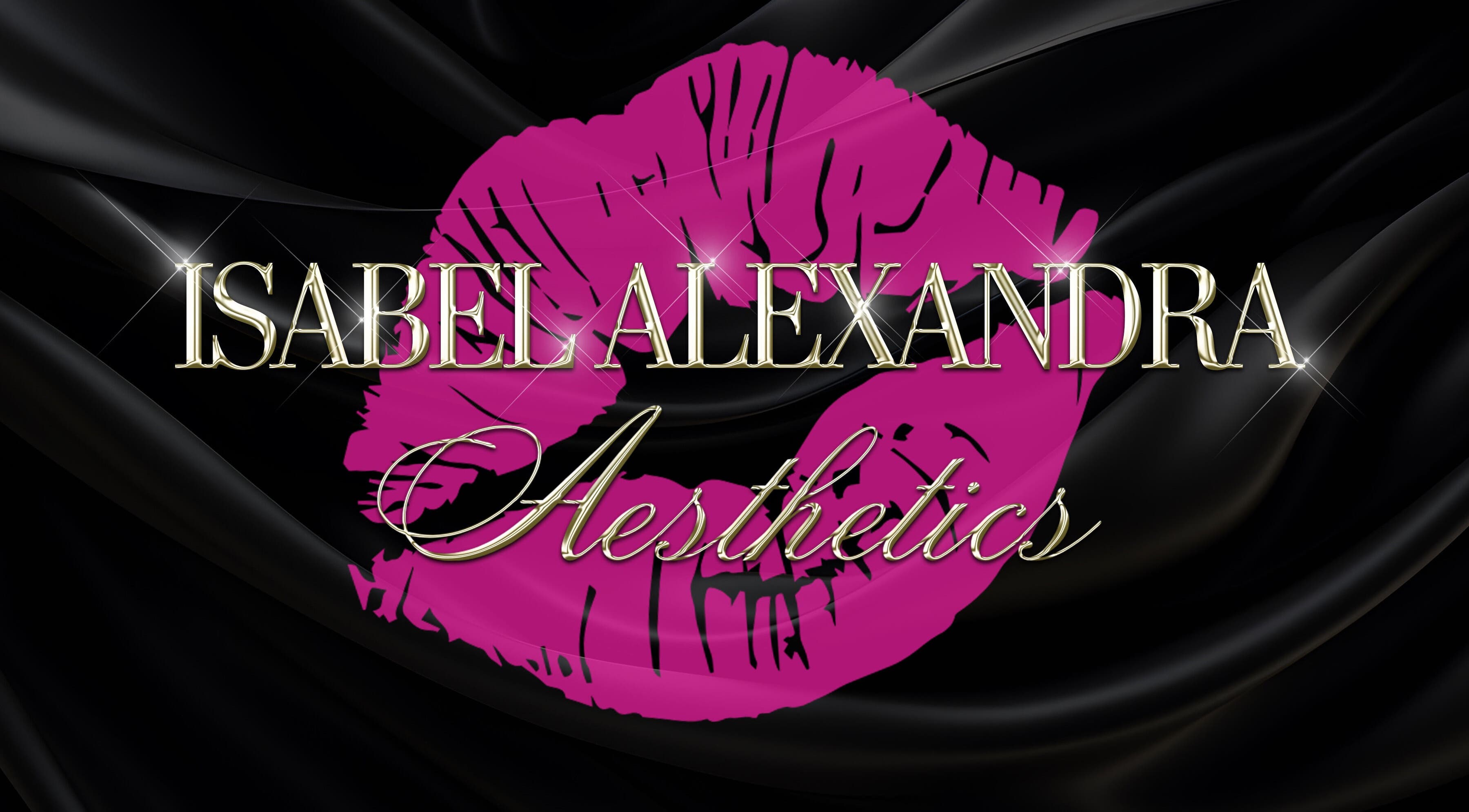 Logo of Isabel Alexandra Aesthetics featuring pink lips, located in Loughborough, England, GB on a black background.