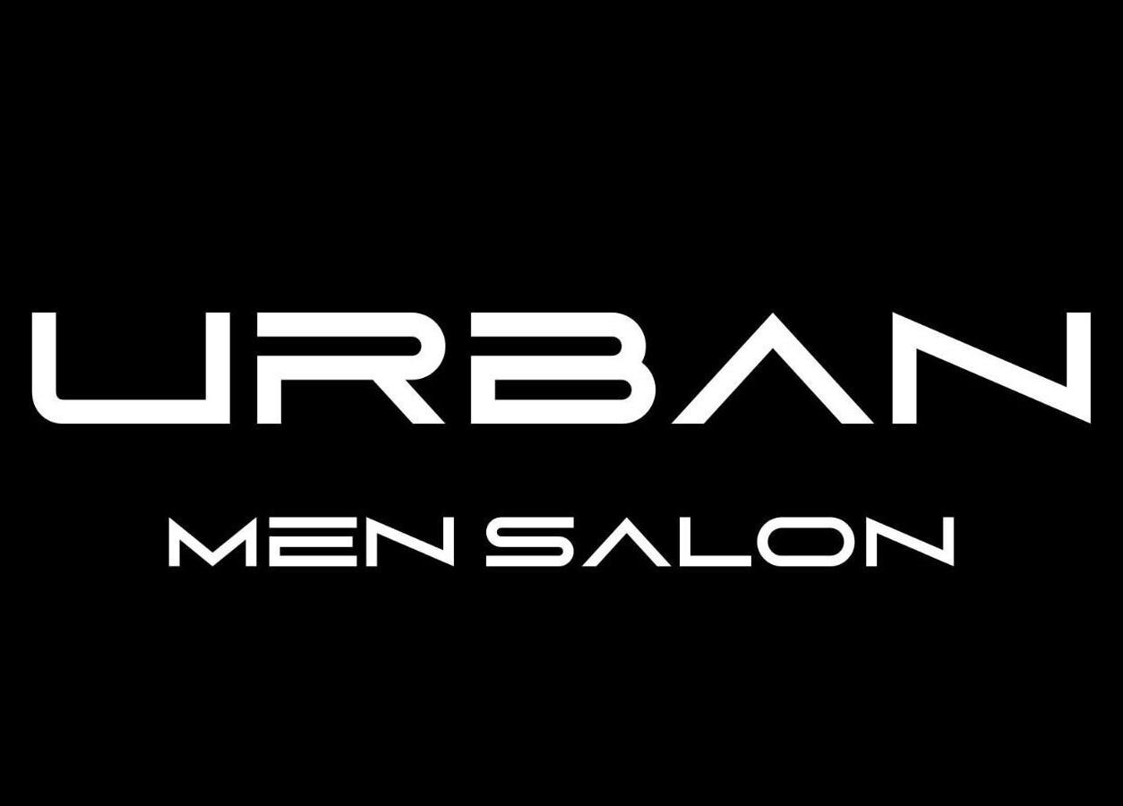 Logo Urban Men Salon, Pitești, Județul Argeș, RO, afișat pe fundal negru.