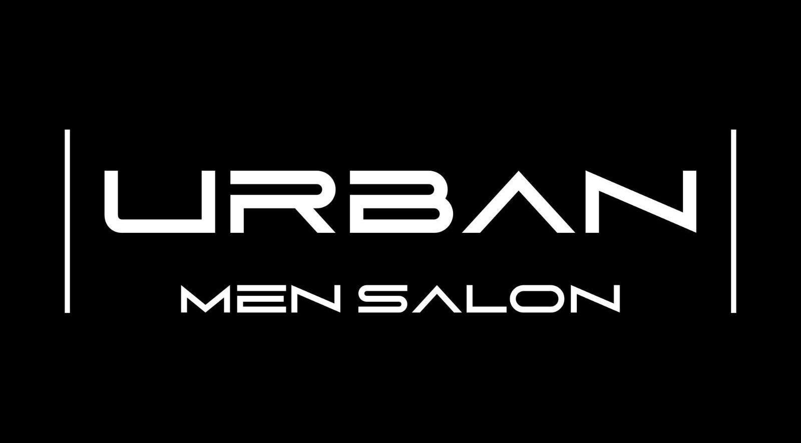 Logo Urban Men Salon, Pitești, Județul Argeș, RO, afișat pe fundal negru.