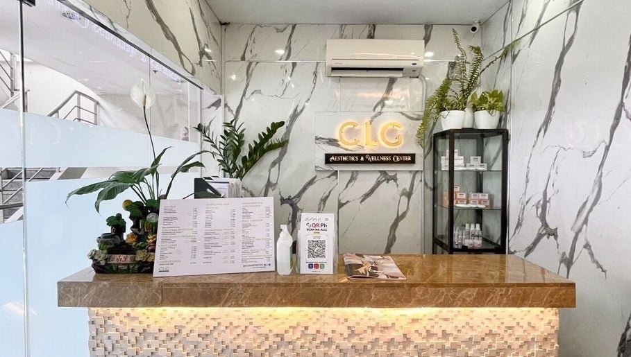 Reception area of CLG Aesthetics Fairview in Quezon City, Metro Manila, PH with elegant marble decor.