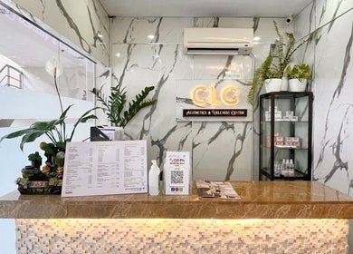 Reception area of CLG Aesthetics Fairview in Quezon City, Metro Manila, PH with elegant marble decor.