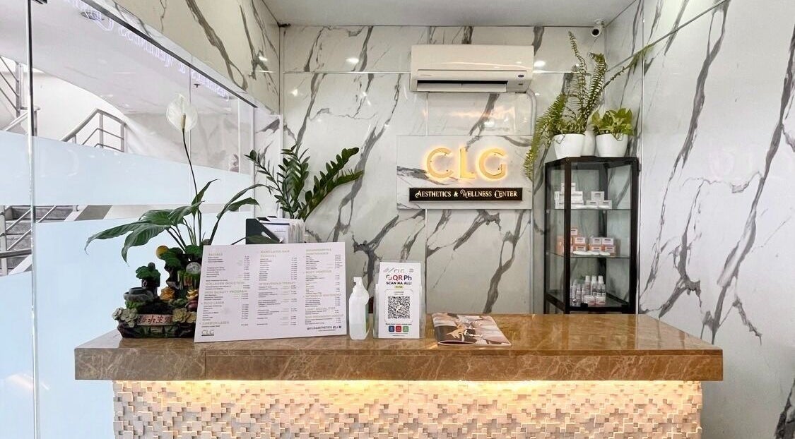Reception area of CLG Aesthetics Fairview in Quezon City, Metro Manila, PH with elegant marble decor.