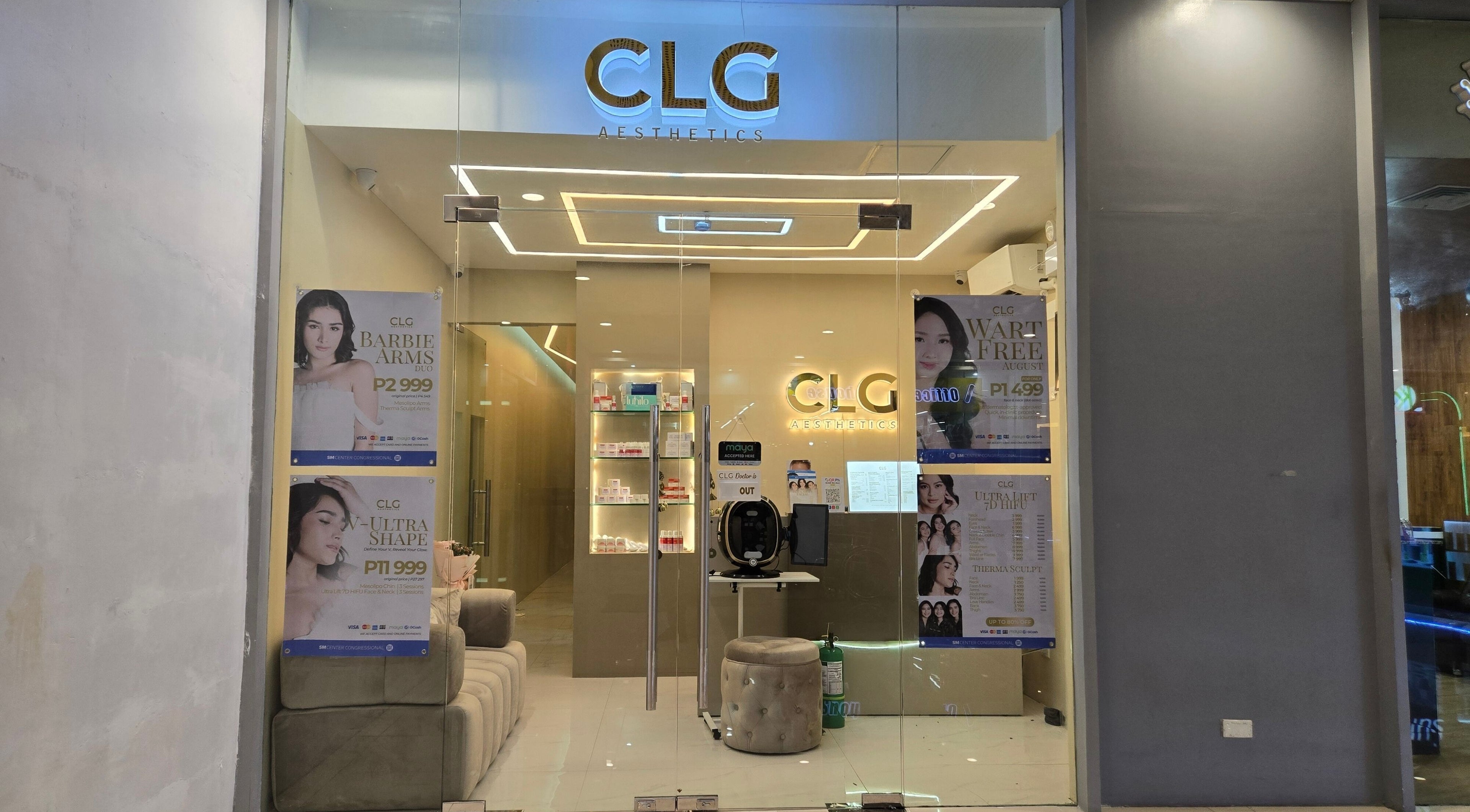 Entrance of CLG Aesthetics SM Center Congressional in Quezon City, Metro Manila, PH showcasing modern interior design.