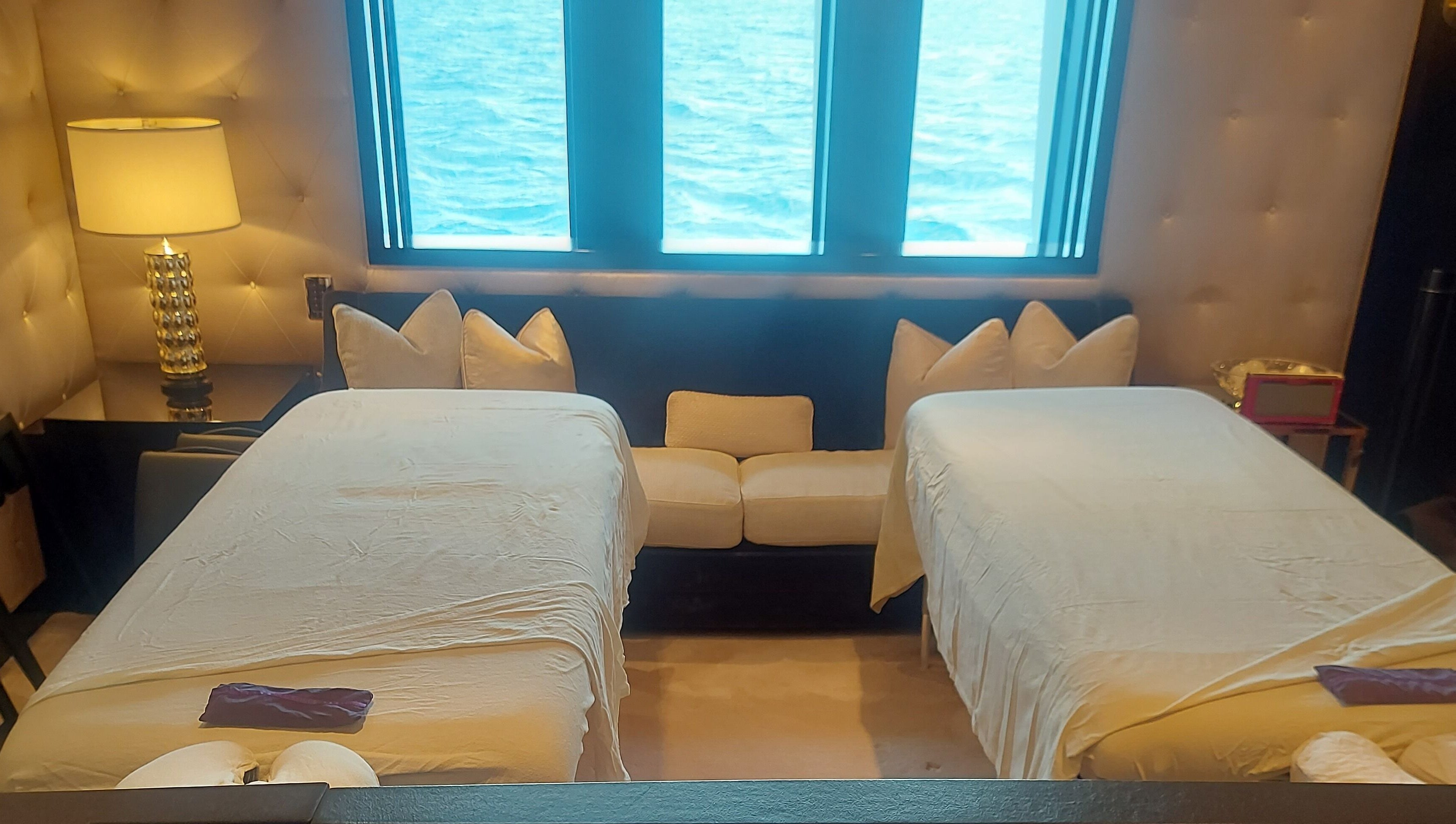 Relaxing spa room with ocean view at The Sea View Spa at February Point, Exuma, Exuma, BS.