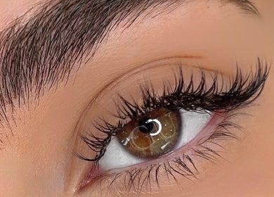 Close-up of beautifully styled eyelashes at Glowup Studio, Haymarket, New South Wales, AU.