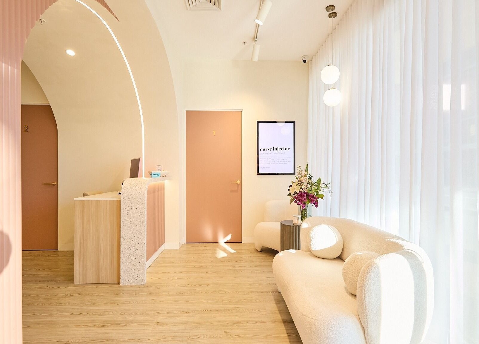 Reception area of The Teeth Whitening Boutique inside The Fit Injector Clinic, Bondi Junction, New South Wales, AU.