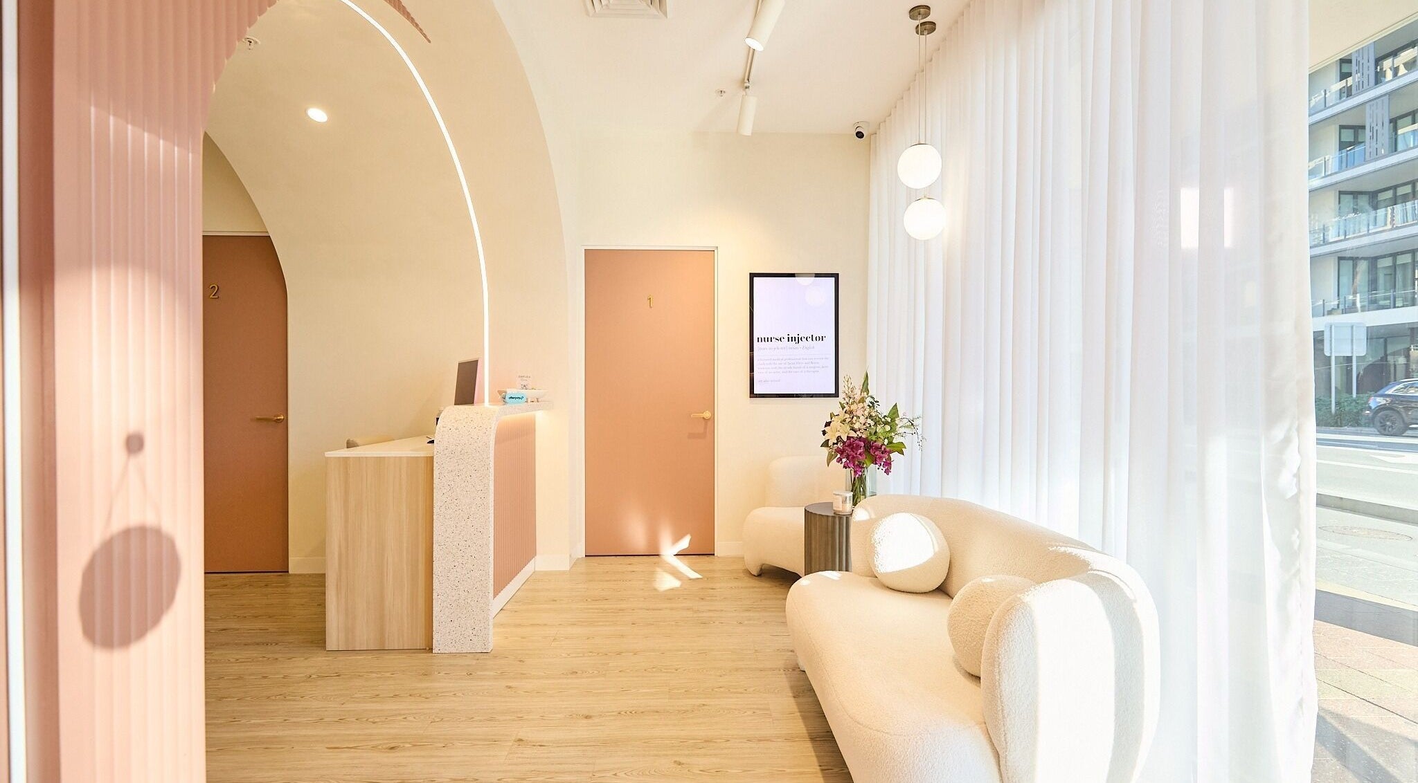 Reception area of The Teeth Whitening Boutique inside The Fit Injector Clinic, Bondi Junction, New South Wales, AU.