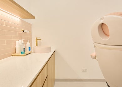 Modern vanity setup at The Teeth Whitening Boutique inside The Fit Injector Clinic, Bondi Junction, New South Wales, AU.