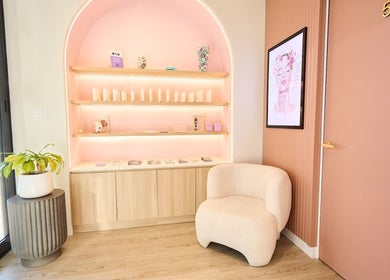 Cozy corner at The Teeth Whitening Boutique, inside The Fit Injector Clinic, Bondi Junction, New South Wales, AU.