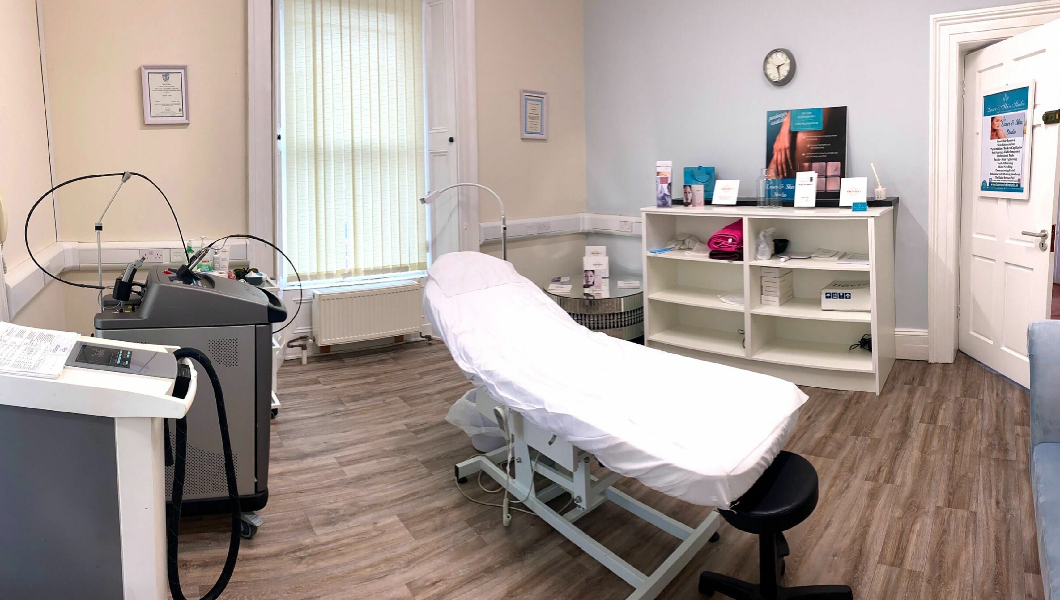 Relaxing treatment room at Laser and Skin Studio, Mullingar, County Westmeath, IE, featuring a treatment bed.