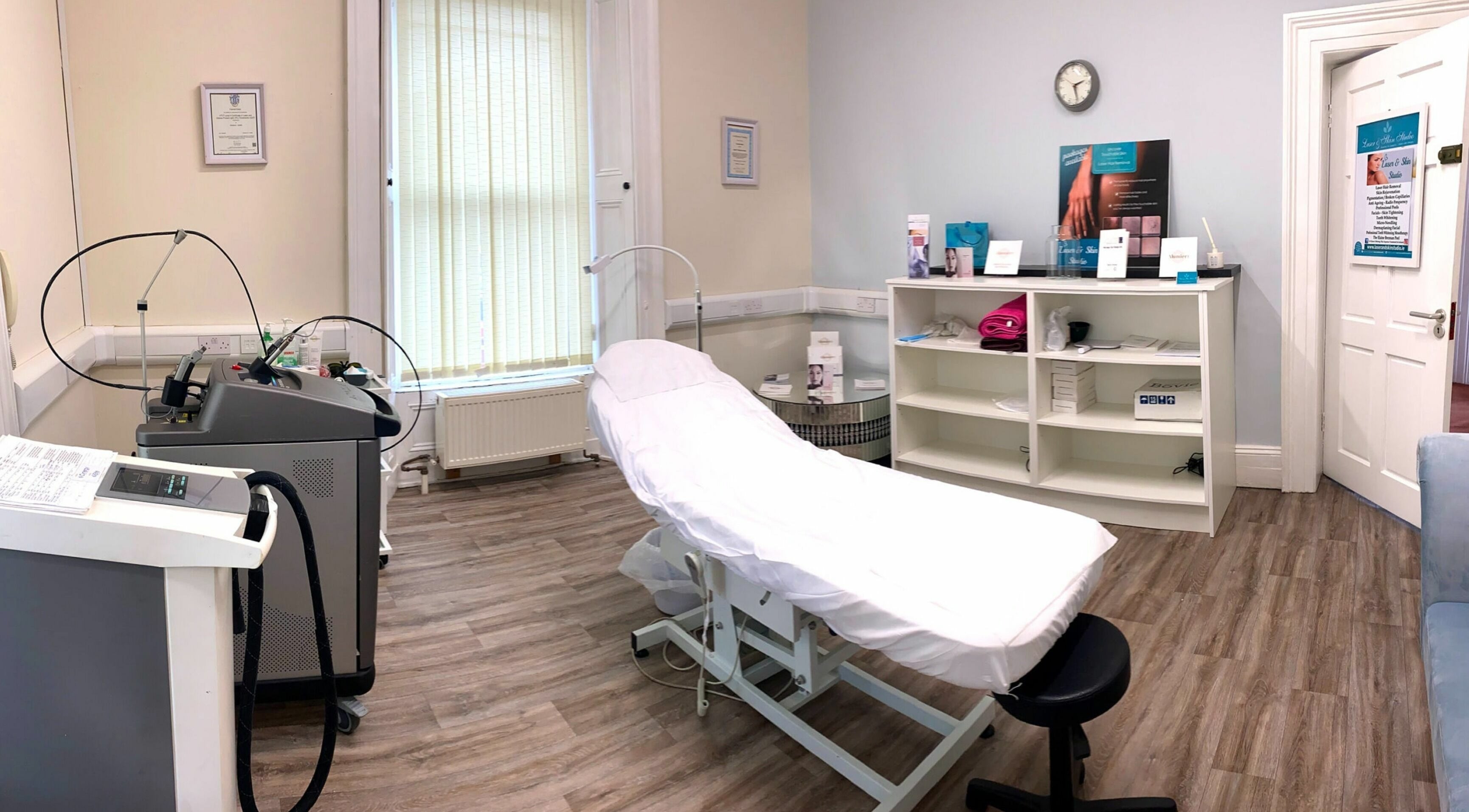 Relaxing treatment room at Laser and Skin Studio, Mullingar, County Westmeath, IE, featuring a treatment bed.
