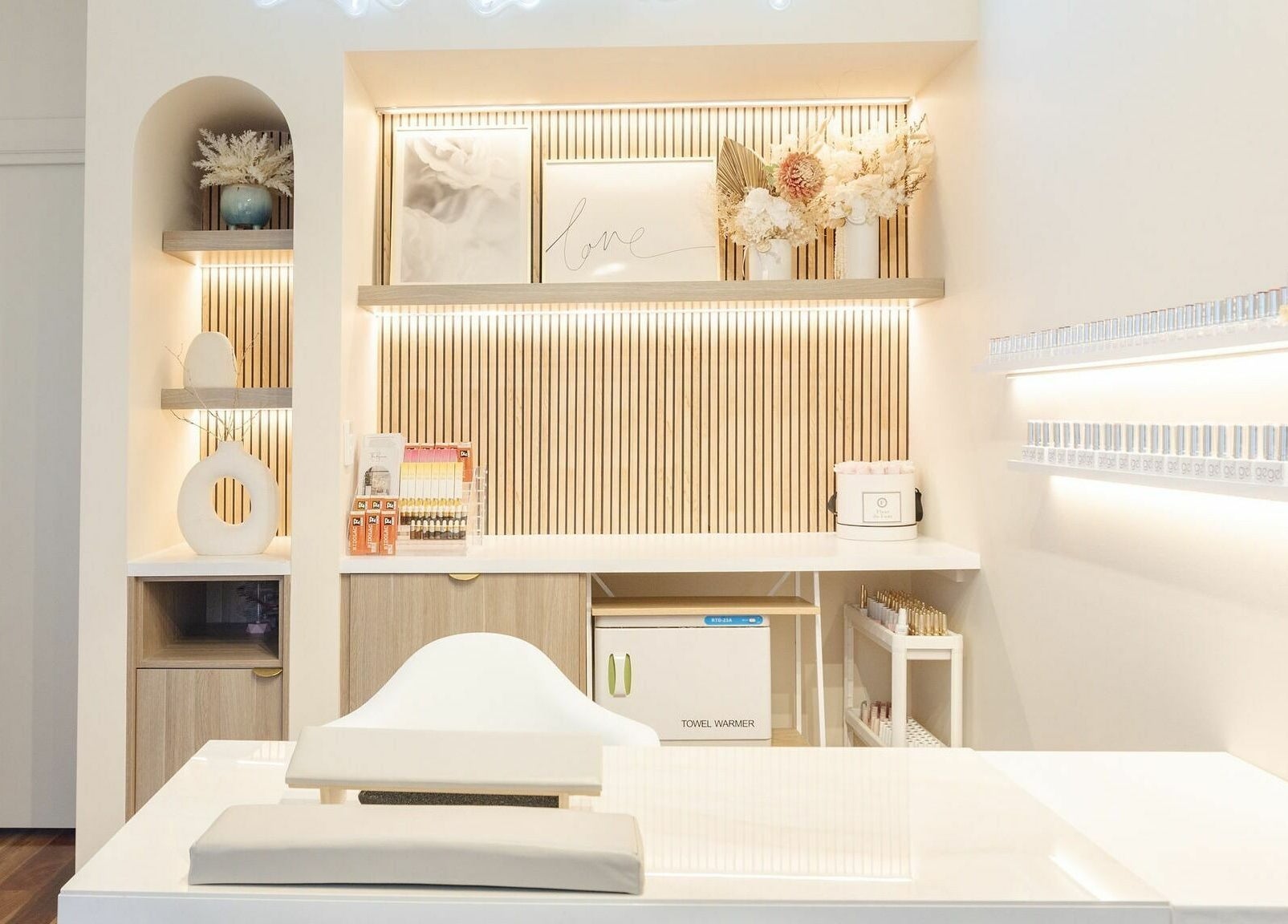 Modern nail salon interior at Nails with Mimi, Earlwood, New South Wales, AU with elegant decor and lighting.