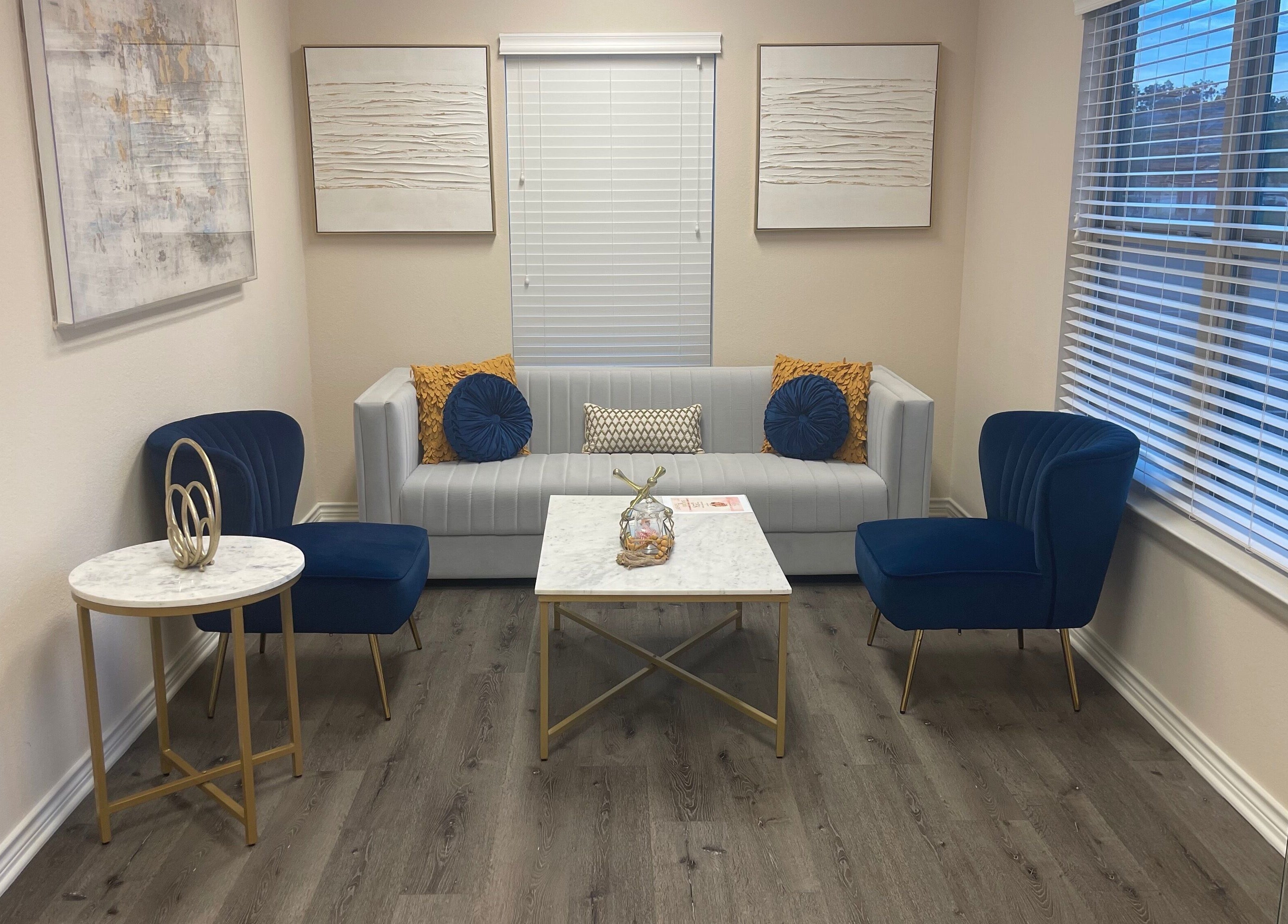 Cozy seating area at La Belleza Lash Studio in Cedar Park, Texas, US, featuring elegant decor and natural light.