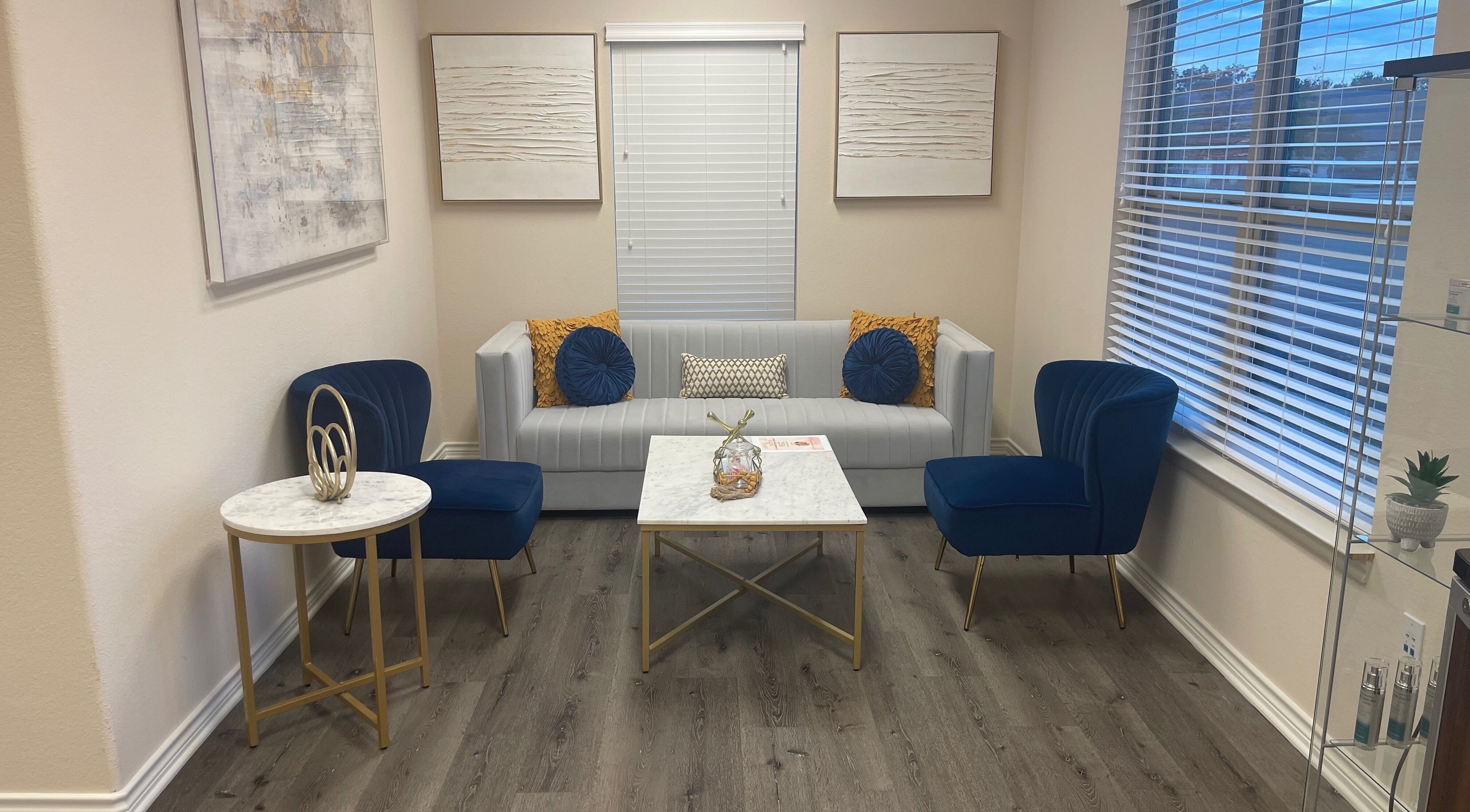 Cozy seating area at La Belleza Lash Studio in Cedar Park, Texas, US, featuring elegant decor and natural light.