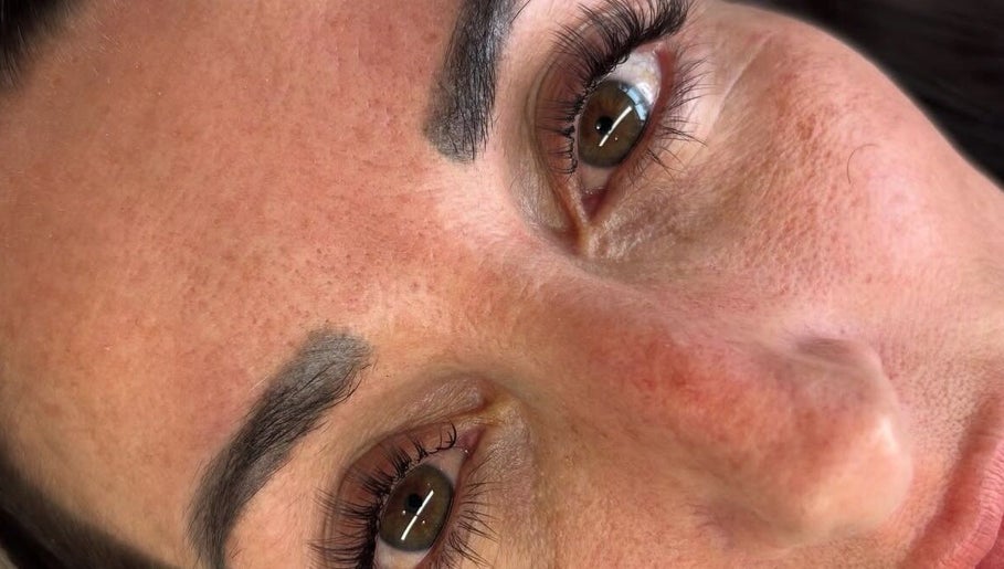 Close-up of perfectly shaped eyebrows and lashes at Layered Collective, Ellesmere Port, England, GB.
