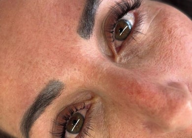 Close-up of perfectly shaped eyebrows and lashes at Layered Collective, Ellesmere Port, England, GB.