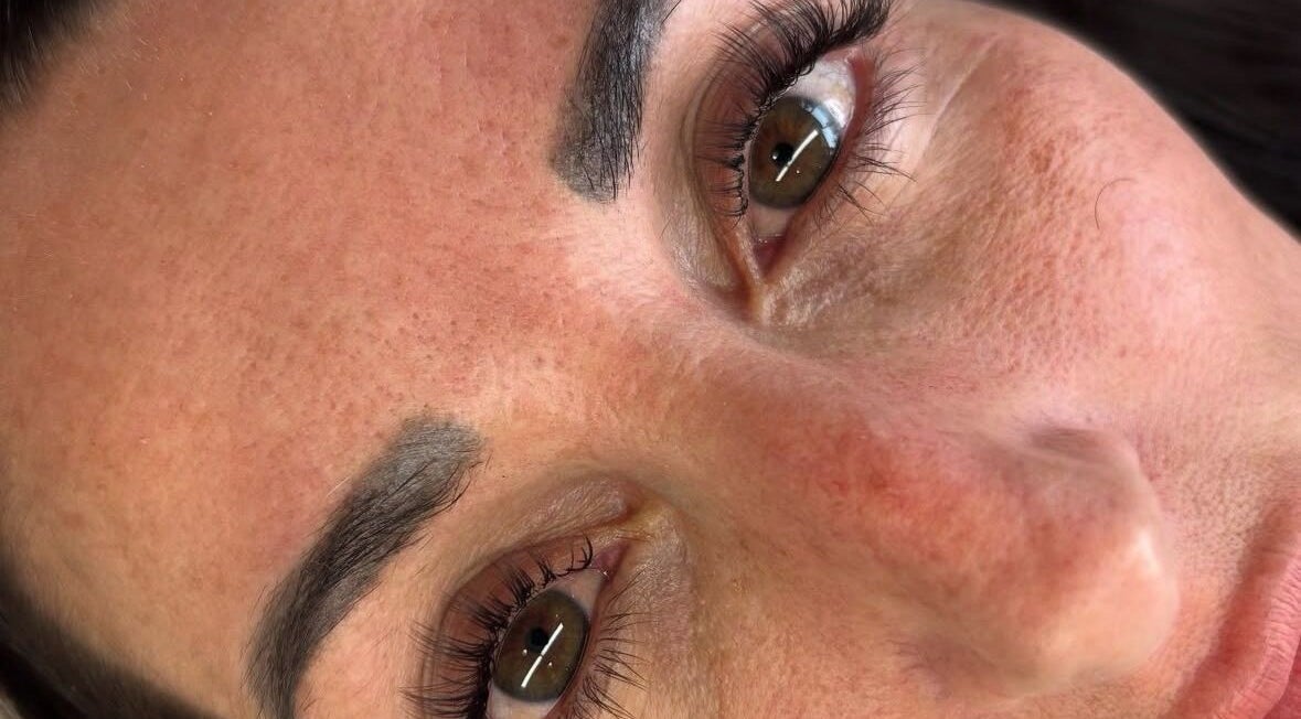 Close-up of perfectly shaped eyebrows and lashes at Layered Collective, Ellesmere Port, England, GB.