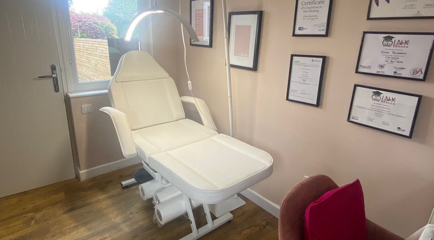 Serene treatment room at Iris Nail & Brow Studio, Baildon, England, GB, featuring a comfortable treatment bed.