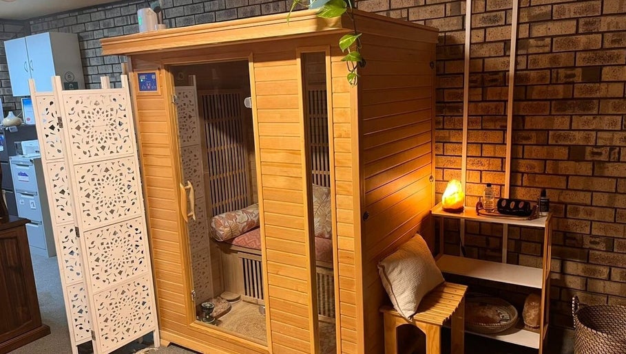 Elegant sauna room at Sunset Salt Therapy, Sunset Beach, Western Australia, AU, offering relaxation and wellness.