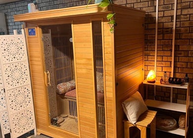 Elegant sauna room at Sunset Salt Therapy, Sunset Beach, Western Australia, AU, offering relaxation and wellness.