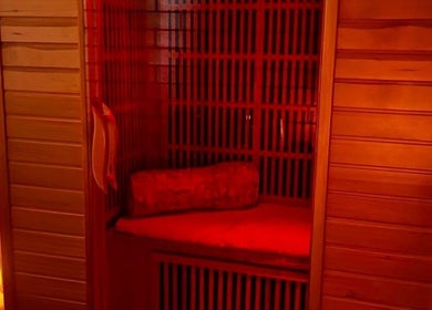 Warm infrared sauna at Sunset Salt Therapy, Sunset Beach, Western Australia, AU, offering relaxation and wellness.