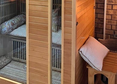 Relaxing salt therapy sauna cabin at Sunset Salt Therapy, Sunset Beach, Western Australia, AU.