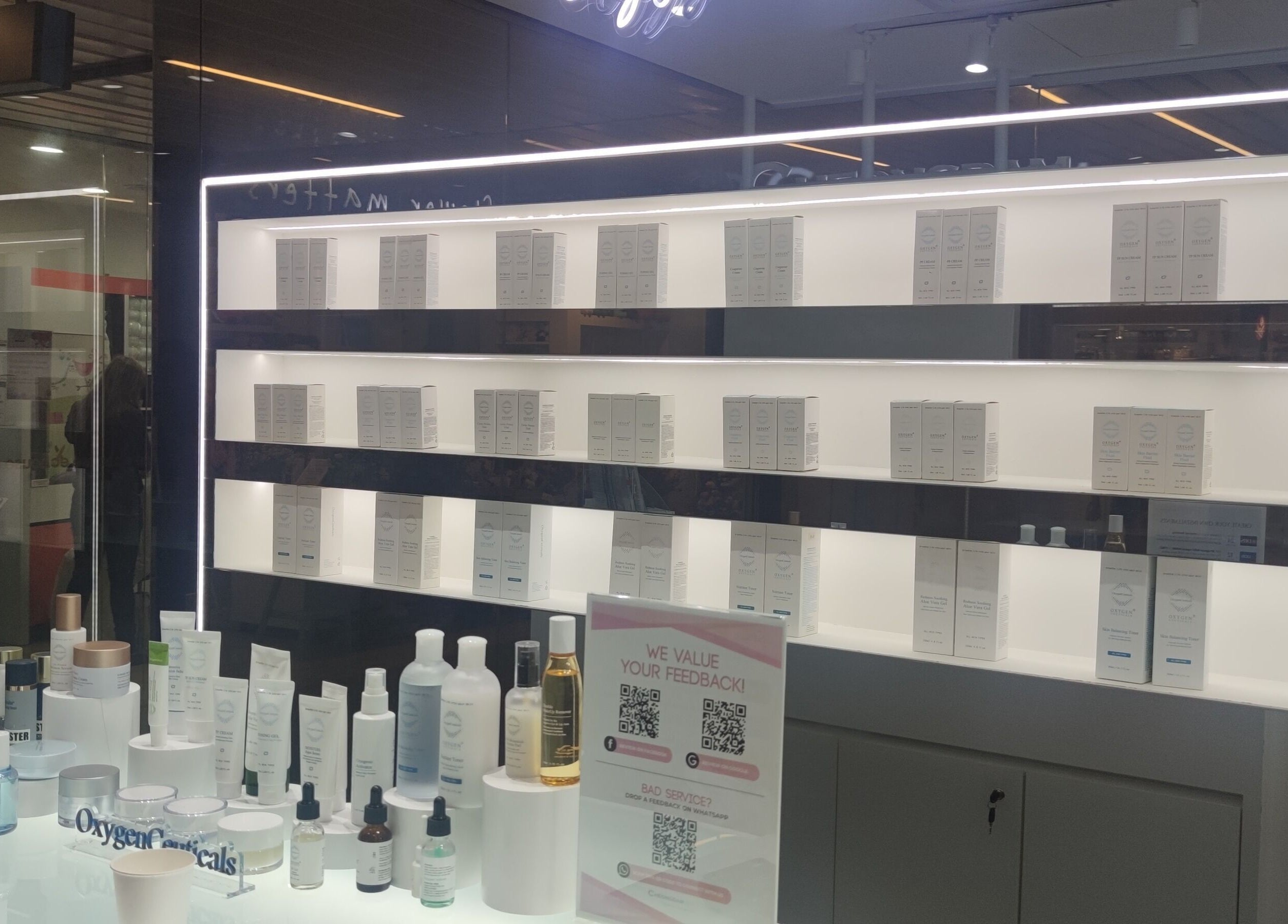 Sleek skincare product display at Cheongdam - SingPost Centre in Singapore, SG, showcasing premium wellness.