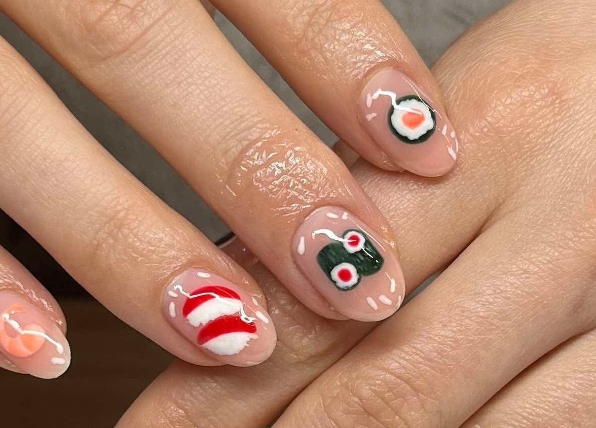 Intricate sushi nail art design at KTF Studios in Cardiff, Wales, GB
