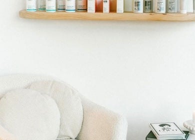 Relaxing chair and skincare shelf at Hair With Sam x, Bella Vista, New South Wales, AU.