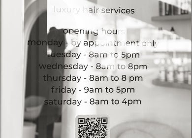 Opening hours at Hair With Sam x, Bella Vista, New South Wales, AU, displayed on a glass door.