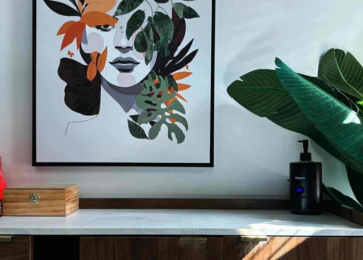 Décoration murale au Spa Douce Heure, Les Coteaux, QC, avec plante et œuvre d'art apaisante.