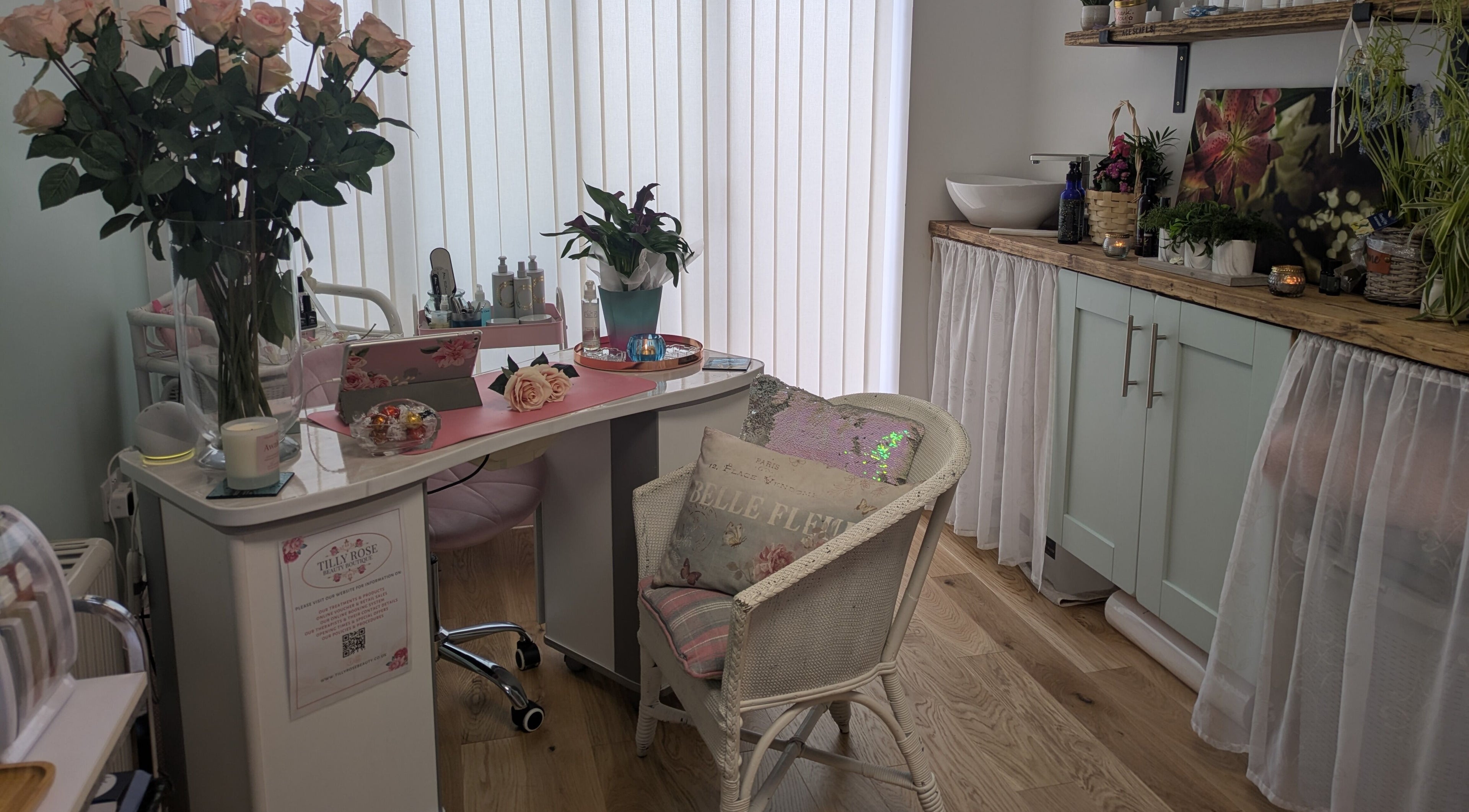 Cozy interior of Tilly Rose Beauty Boutique in Bidford-on-Avon, England, GB with elegant decor and pastel hues.