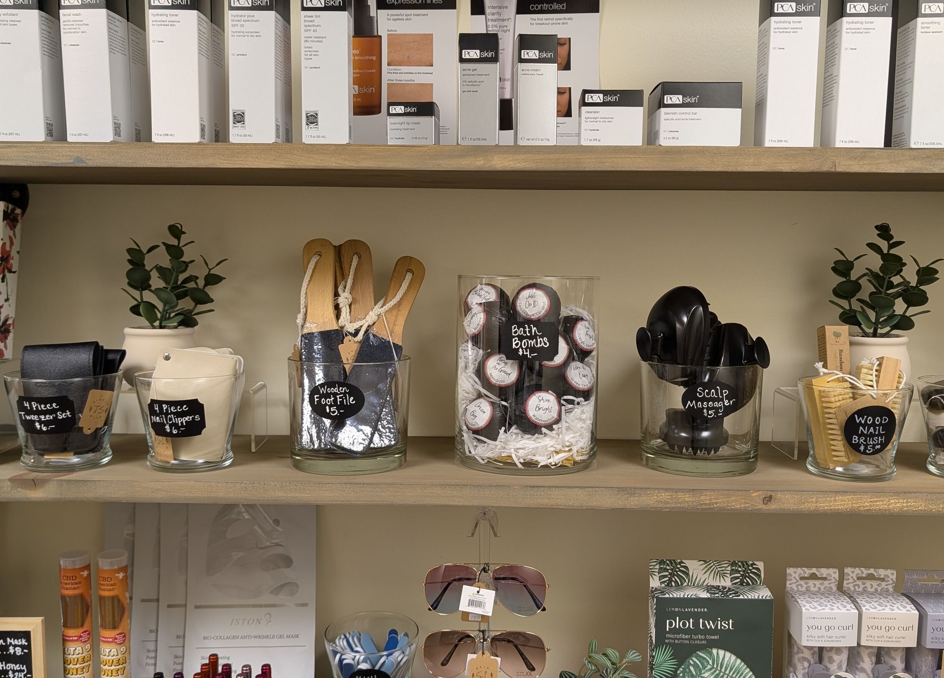 Display of beauty products at S.L. Skin Studio, Hampstead, New Hampshire, US showcasing skin care and wellness items.