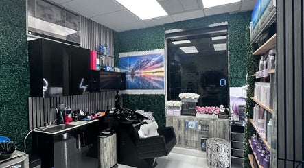 Chic salon interior at StavGhair, Parkland, Florida, US, featuring modern decor and well-stocked beauty shelves.