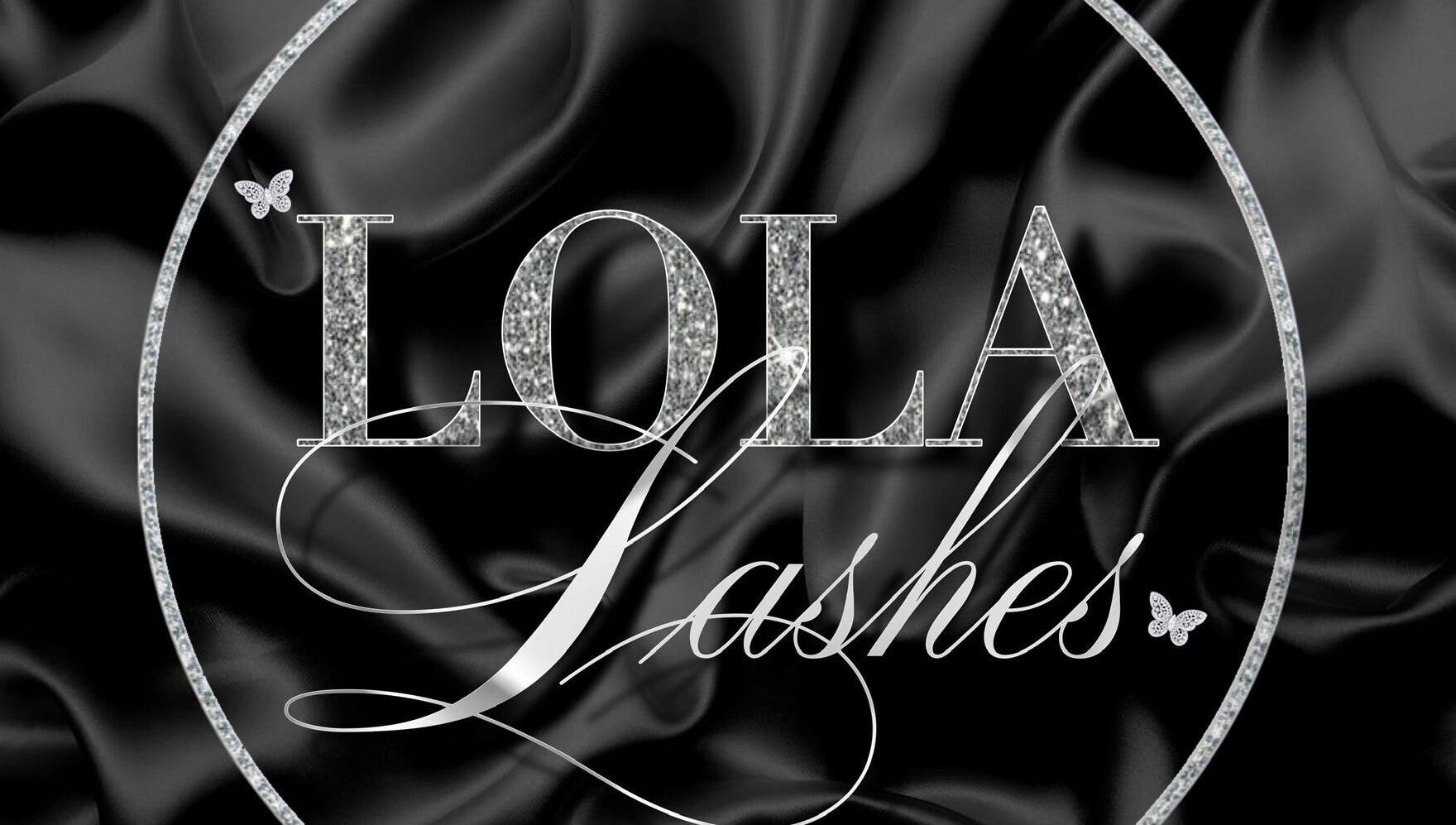 Sophisticated Lola Lashes logo on a black silk background at Southend-on-Sea, England, GB.