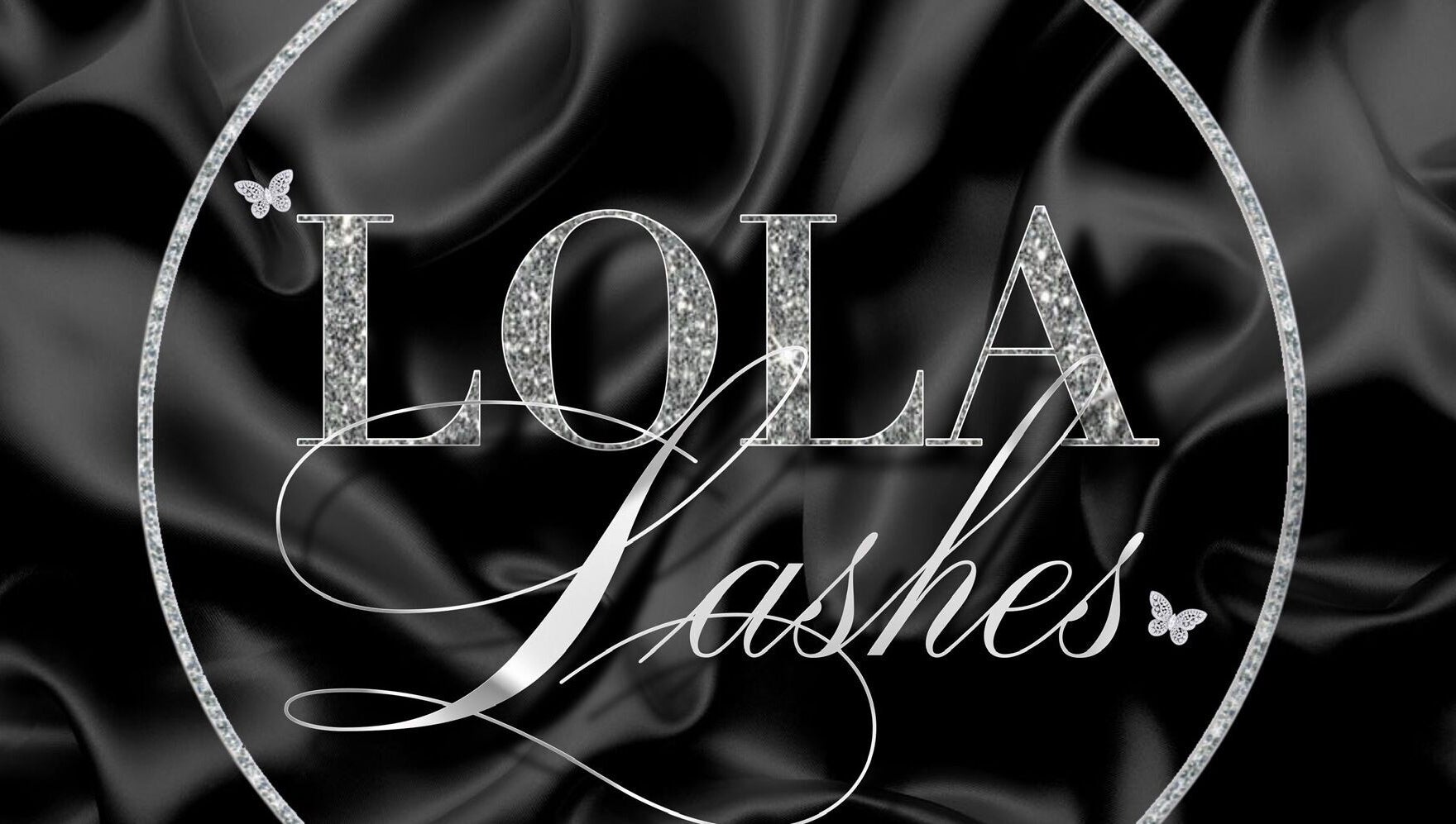 Sophisticated Lola Lashes logo on a black silk background at Southend-on-Sea, England, GB.